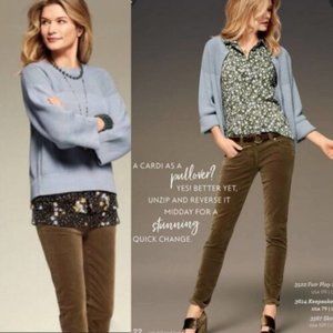 CAbi #3522 Fair Play Reversible Knit Sweater Size Medium Ice Blue Cardigan